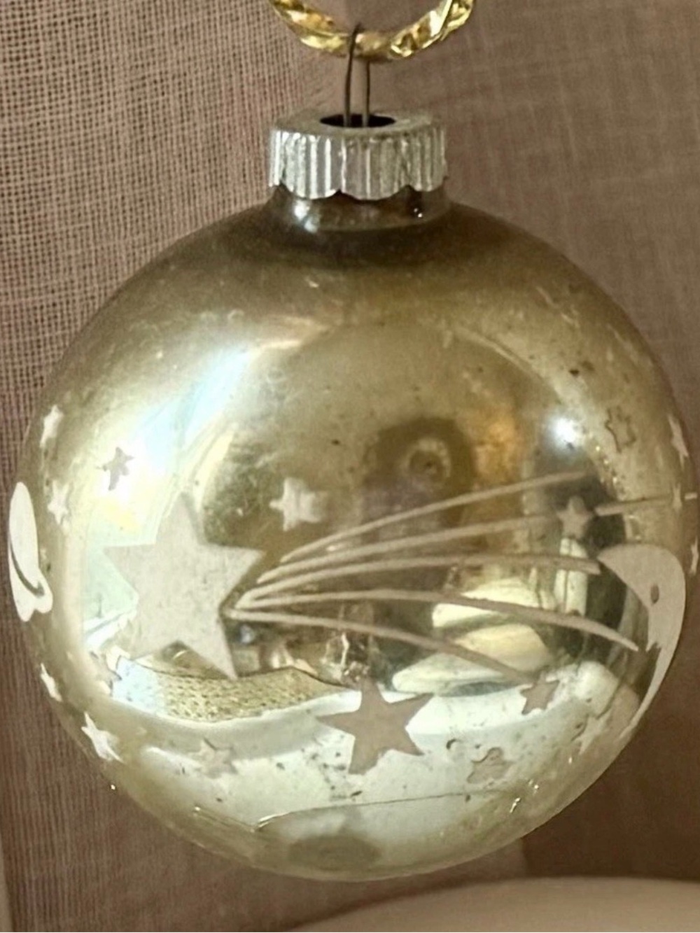 VTG Shiny Brite Moon & Shooting Star Saturn Stencil Mercury Glass Ornament MCM